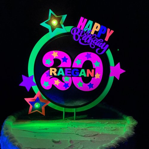 Neon Birthday Cake Topper with LED lights, Rave party centerpiece, Colorful cake decoration, black light house party, 20th birthday decor