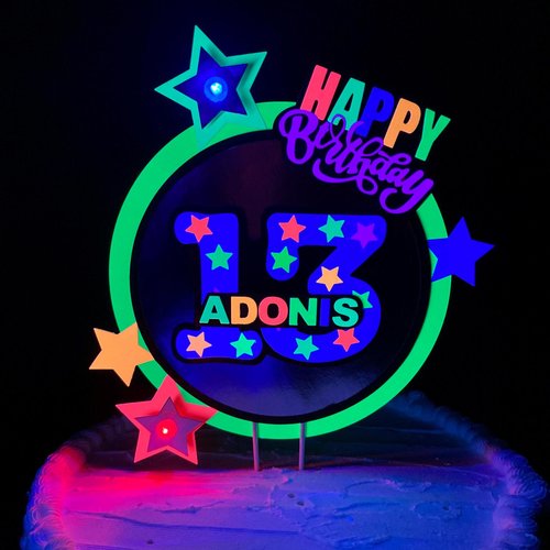 Neon cake topper with LED lights, Laser birthday, Fun kid's party decor, Colorful cake centerpiece, boy glow bowling party, UV reflective