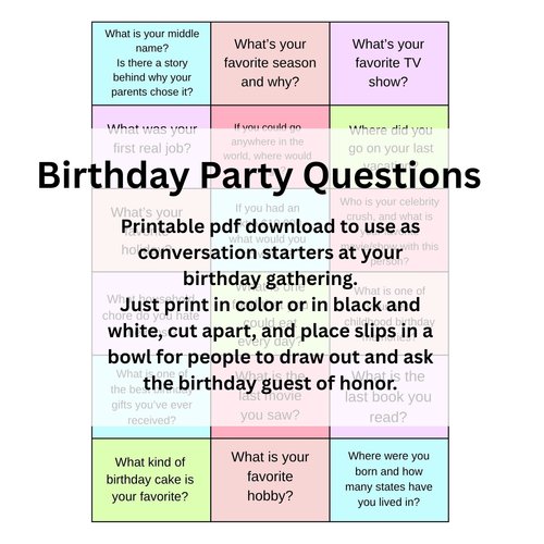 Birthday Party Questions, Printable Birthday Game, Office Gathering Conversation Starters, Digital Download Easy Work Game