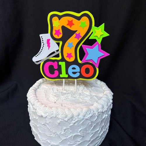 Ice Skate Birthday Party Cake Topper, Personalized Neon Glow in the Dark Decoration with Name and Age, Blacklight Decoration, 7th Birthday