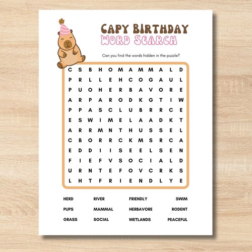 Capybara Word Search Printable Game | Capybara Party Activity for Kids | Instant Download Birthday Party Game | Animal Birthday Printable