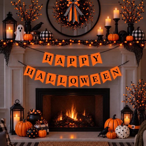 Halloween Banner, Neon Orange UV Reflective Happy Halloween Fireplace Mantel Sign, Halloween Glow Party Decor